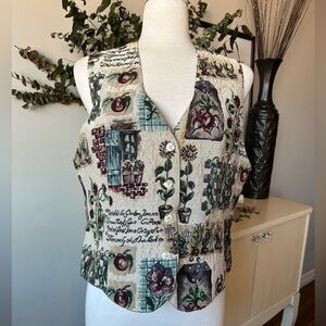 Vintage Garden Tapestry Vest - Cottagecore Fruit & Script Print" size large